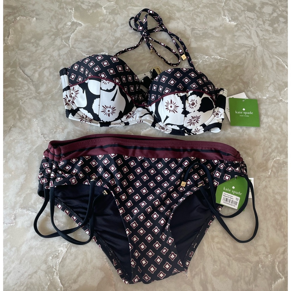 Kate Spade bikini NWT maroon plum wine black white padded bandeau two piece S/XS